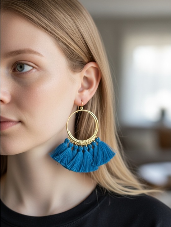 Jewelry - 6/5 Gold Hoop Earrings with Teal Blue Tassels - Women Jewelry